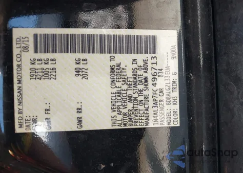 2015 Nissan Altima 2.5/2.5 S/2.5 Sl/2.5 Sv z USA, uszkodzony, nr VIN 1N4AL3AP7FC496713